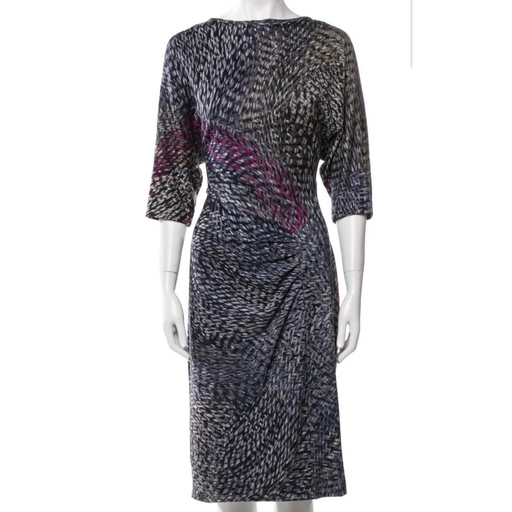 ESCADA Grey / Purple Patterned Ruched 2/3 Sleeve Midi Dress - 34 / XS